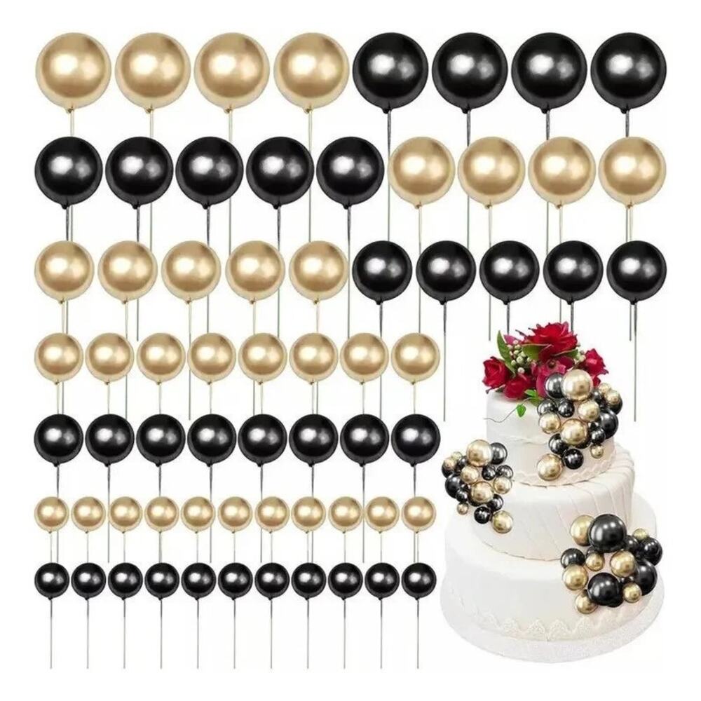 50x Black/Gold Balloon Ball Birthday, Anniversary, Wedding Cake Toppers